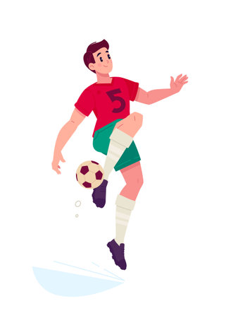 An illustration of a football player in a red jersey with the number 5, performs a trick with the ball, demonstrating dexterity and skill. An illustration for sports, competitions, and an active lifestyle.のイラスト素材