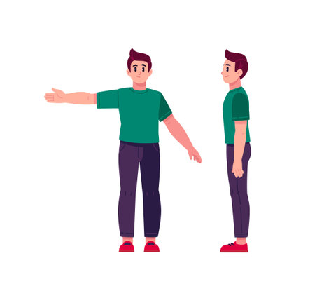 Illustration of a man in various poses in a green T-shirt and dark jeans, shown in front and in profile. It is suitable for creating characters, animations, games, infographics and design projects.のイラスト素材