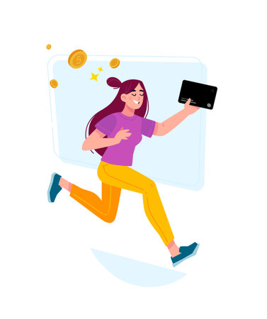 Illustration of a girl in yellow pants and with a bank card. Vector. The girl runs among the coins. A mascot and character for design projects. An illustration on finance and online payment.のイラスト素材
