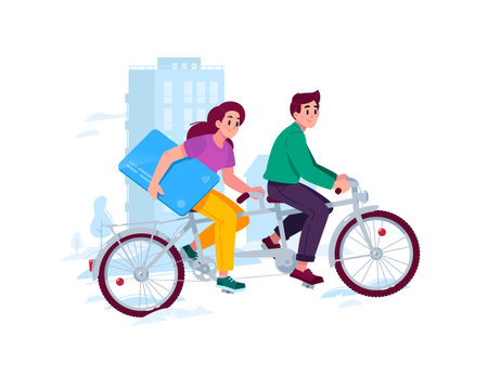 A guy and a girl are riding a two-seater bike in the city. A girl with a bank card. The concept of online payments, delivery and cashless payment. Joint finances. An active lifestyle.のイラスト素材