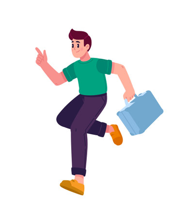 Illustration of a man in casual clothes running with a briefcase, pointing forward and upward. The concept of travel, movement, business trip or the start of a new project. A character and a mascot.のイラスト素材