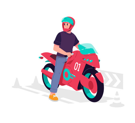 A young man in a motorcycle helmet riding a sports motorcycle, holding onto the steering wheel of a futuristic motorcycle. The illustration is isolated on a white background. A character, a mascot for design projects.のイラスト素材