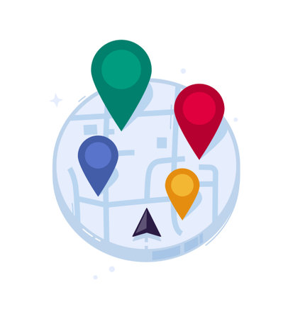A city map with colored geotags and a cursor arrow. Navigation and location navigation. The concept of search in mobile applications and digital communications. Illustration for website and web.のイラスト素材