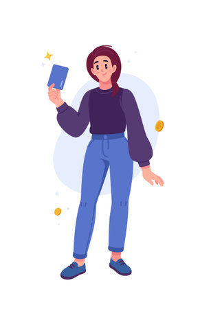 A young girl holding a bank card angrily in her hand. The image of financial technology and digital payments. The concept of payment, finance, and online shopping. Banking services.のイラスト素材