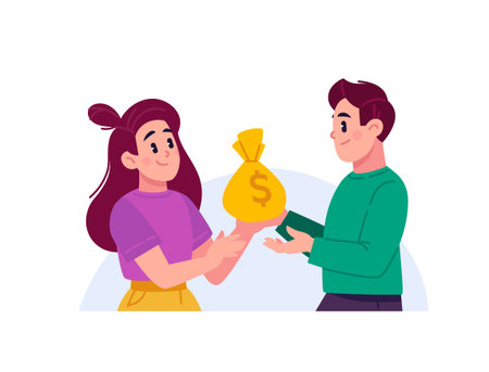 A young man and a girl are holding a bag of dollars. A joint budget. Account balance. The image of financial technology and digital payments. The concept of payment, finance, and online shopping. Banking services.のイラスト素材