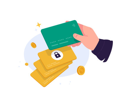 Illustration of a hand holding a bank card. Debit or credit card. A symbol of non-cash payments and banking services. The concept of cashless payment and finance. Blocking of plastic cards.のイラスト素材