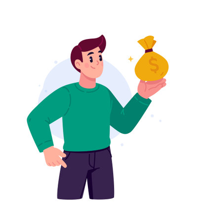 A young man with a bag of dollars buys with cash. Account balance. The image of financial technology and digital payments. The concept of payment, finance, and online shopping. Banking services.のイラスト素材