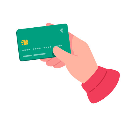 Illustration of a hand holding a bank card. Debit or credit card. A symbol of non-cash payments and banking services. The concept of cashless payment and finance. Online bank card payment.のイラスト素材