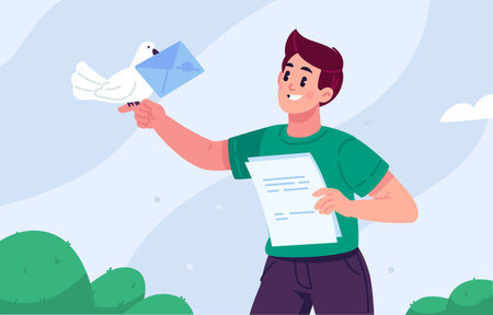 A young man holds a letter in his hand and watches a pigeon carrying an envelope. The illustration is perfect for communication topics, message delivery, and classic communication methods. A character, a mascot.のイラスト素材