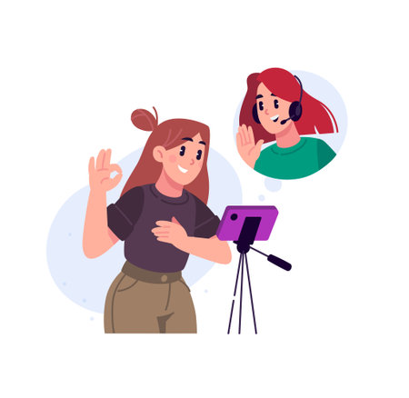 Blogger girls communicate through apps and chats, messaging in a messenger. The concept of online communication, mobile applications and digital communication. An illustration for a website and a web banner.のイラスト素材