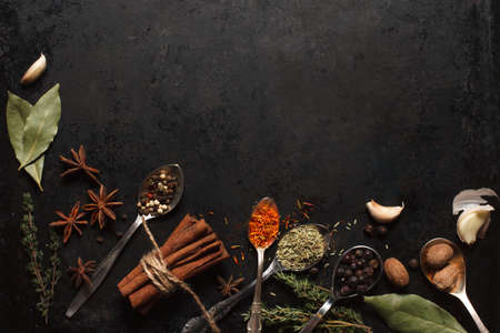 Various herbs and spices in metal spoons on dark old table or background with copysapce for menu. Top view. Dark moody photoの写真素材
