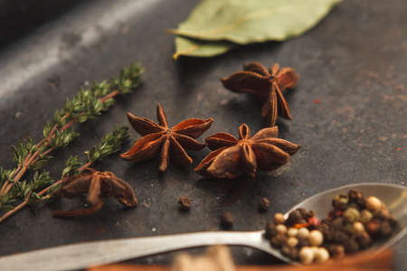 A lot of herbs and spices in metal spoon and around on dark old table or background. Dark moody photo. Selective focusの写真素材