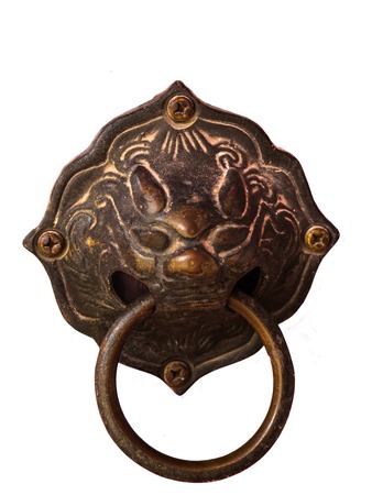 Ancient Lion Head Door Knocker, temple at thailandの写真素材