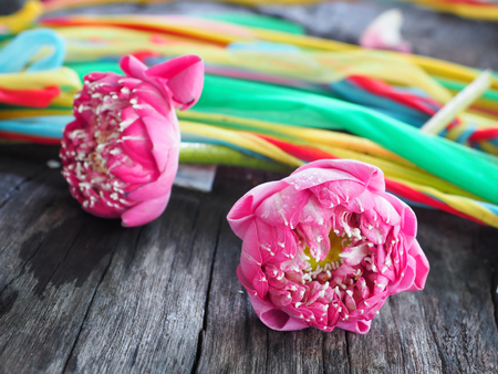 Petal Pink Lotus For Pray with colorful ribbonの写真素材