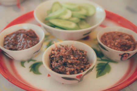 Thai spice sauce. usually eat with vegetables. street food in thailandの写真素材
