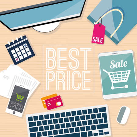 Best price, Online shopping concept desktop with computer, table, shopping bags and credit cardsのイラスト素材