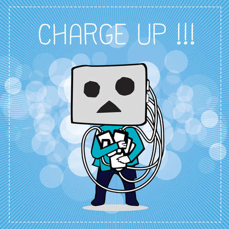 Vector social networking guy plugged into cyberspace, Addiction social concept illustration