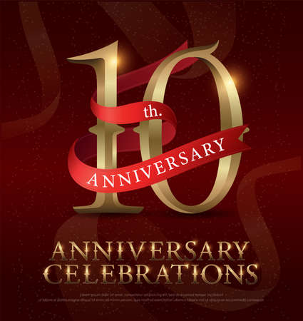 10th years anniversary celebration golden logo with red ribbon on red background. vector illustratorのイラスト素材
