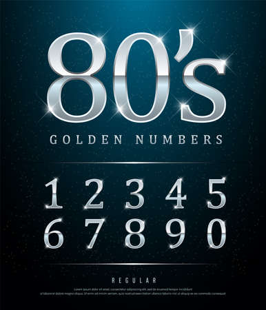 80s Retro Elegant Numbers silver Colored Metal Chrome alphabet font. Typography classic style silver number font set for logo, Poster, Invitation. vector illustrationのイラスト素材