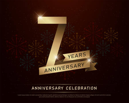 7th years anniversary celebration gold number and golden ribbons with fireworks on dark background. vector illustrationのイラスト素材
