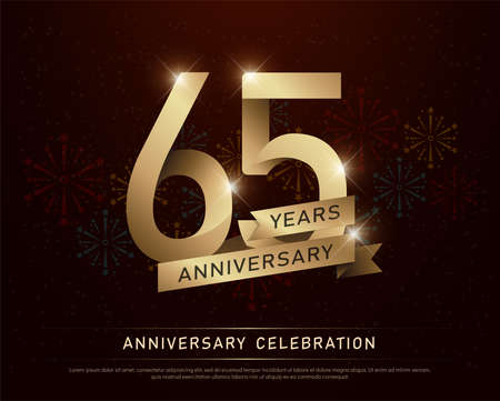 65th years anniversary celebration gold number and golden ribbons with fireworks on dark background....