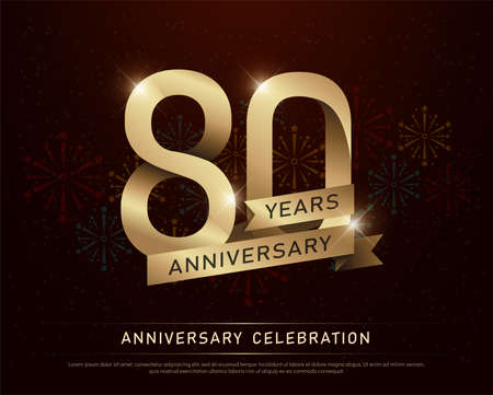 80th years anniversary celebration gold number and golden ribbons with fireworks on dark background. vector illustrationのイラスト素材