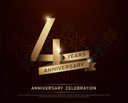 4th years anniversary celebration gold number and golden ribbons with fireworks on dark background. vector illustrationのイラスト素材