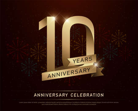 10th years anniversary celebration gold number and golden ribbons with fireworks on dark background. vector illustrationのイラスト素材