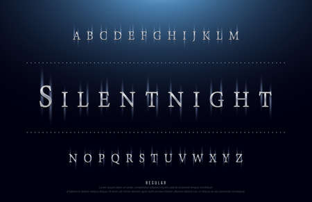 Science movie font with lighting effect on night background. technology, sci-fi alphabet glowing letters. vector illustrationのイラスト素材