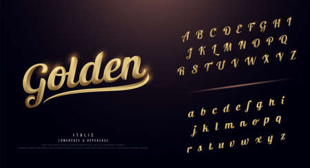 Set of Elegant Gold Colored Metal Chrome alphabet font. Typography classic style golden font set. vector illustrationのイラスト素材
