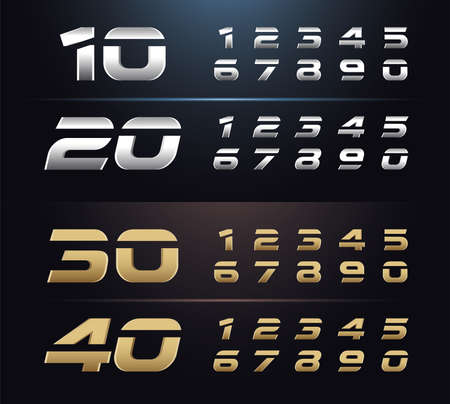 Regular and italic set of metal number. Typography silver and gold numbers. 1, 2, 3, 4, 5, 6, 7, 8, 9, 10. alphabet typeface glowing text effect. vector illustrationのイラスト素材