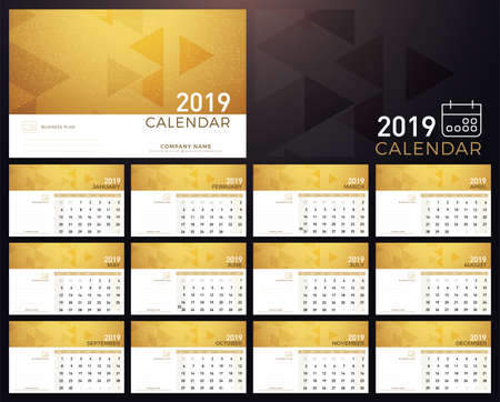 Calendar Golden Planner 2019 year. Calendar plan simple minimal wall and desk type calendar template. Week starts from sundayのイラスト素材