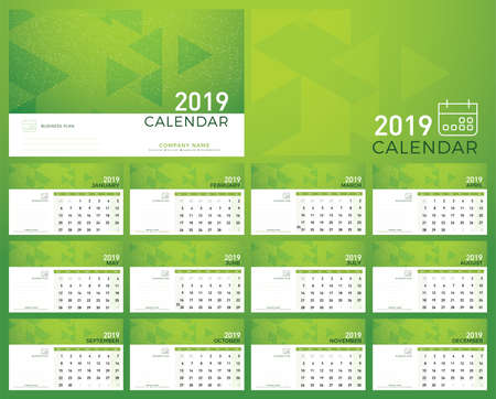 Calendar Green Planner 2019 year. Calendar plan simple minimal wall and desk type template abstract background. Week starts from sundayのイラスト素材