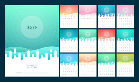 Calendar 2019 Trendy Gradients With Pastel Color Style. Set of 12 pages desk calendar. Vector design printing templateのイラスト素材