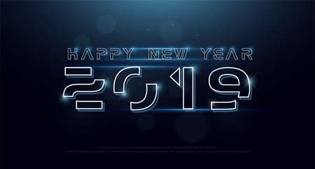 Happy New Year 2019 Technology neon line stroke font and alphabet with bokeh on abstract background. Font digital space concept. vector illustrationのイラスト素材