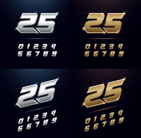Numbers Silver and Golden Metal Chrome Alphabet Font. Number typography sport modern style gold fonts set. vector illustrationのイラスト素材
