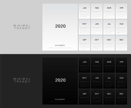 2020 calendar minimal table planner simple style. Week Starts Sunday. Trendy fashion minimalist black and white printing template. Vector illustrationのイラスト素材