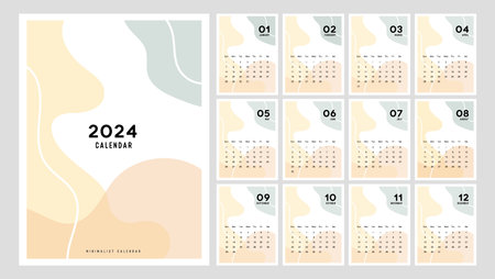 2024 Calendar planner Minimalist Style. Modern minimal calendar 2024 planner design for printing template set of 12 pages desk. vector illustrationのイラスト素材