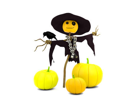 Smiling scarecrow and pumpkinsの写真素材
