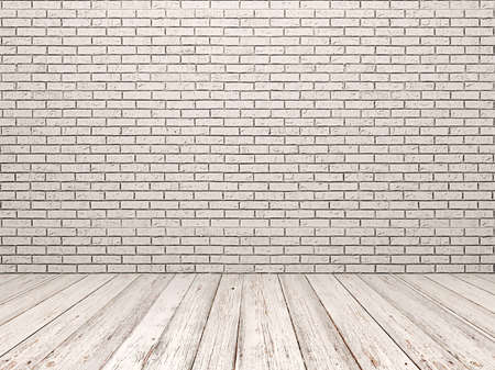 White brick wall and white wood floorの写真素材