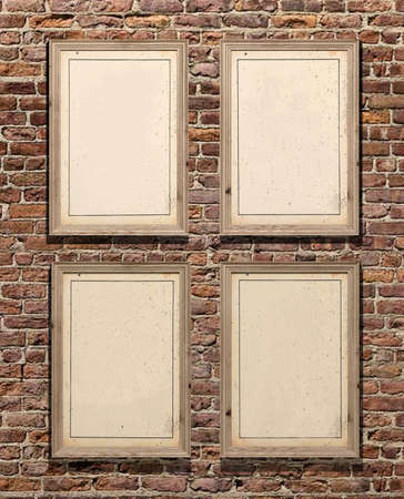 Wood picture frames on red brick wallの写真素材