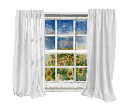 Old white vintage window with white curtains isolated on white background seeing sunflowers field and cloud blue sky outsideの写真素材