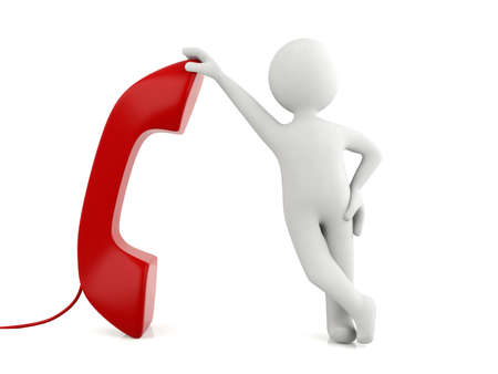 3d man standing isolated with red telephone call center concept customer serviceの写真素材