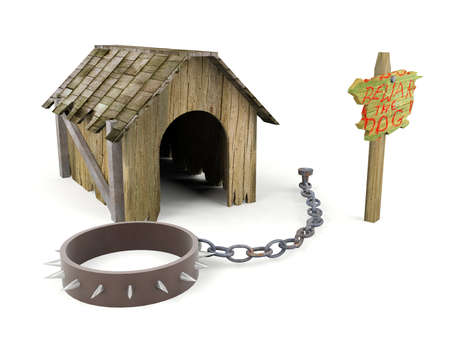 Ruined wooden dog house with warning sign and pet collar with fetters isolated on white backgroundの写真素材