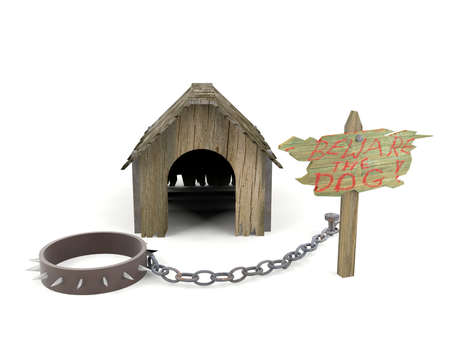 Wooden dog house with warning sign and pet collar with fettersの写真素材