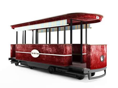 Red old tram isolated on white backgroundの写真素材