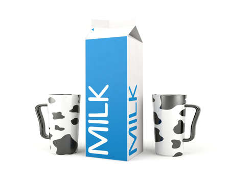 Milk box and ceramic mugs isolated on white backgroundの写真素材