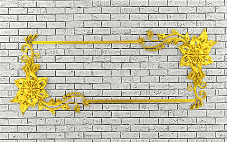 Golden frame on white brick wall backgroundの写真素材