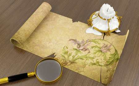 Old antique scroll paper with vintage flower painting lying on wood table with melted candle and magnifying glassの写真素材