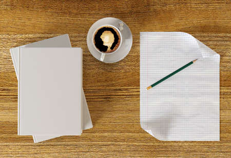 Coffee cup on working table with blank paper and books
